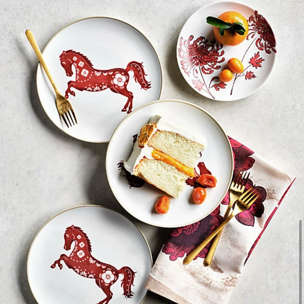 New! Crate&Barrel Red Floral Appetizer Plate Set with Gold Holder